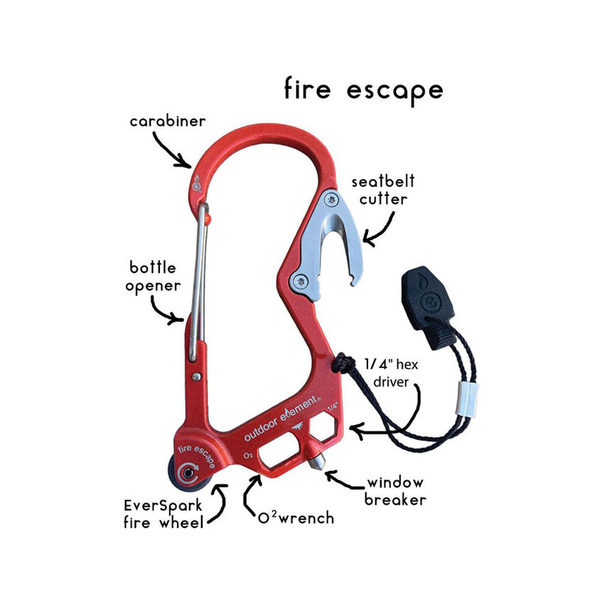 Outdoor Element Fire Escape Carabiner - Karbinhake Med Gnisttändare, Bältesskärare, Glaskross M.m