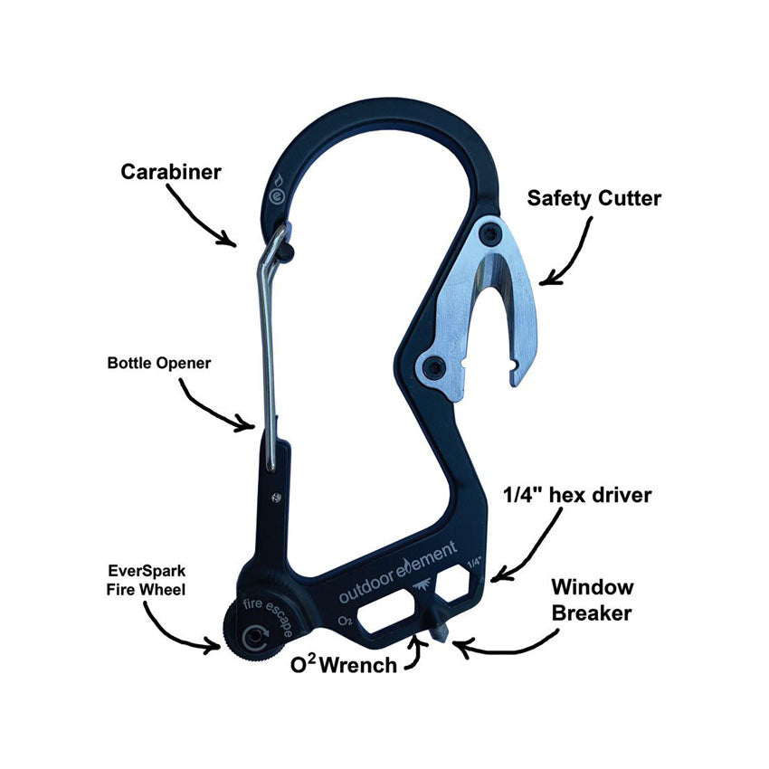 Outdoor Element Fire Escape Carabiner - Karbinhake Med Gnisttändare, Bältesskärare, Glaskross M.m